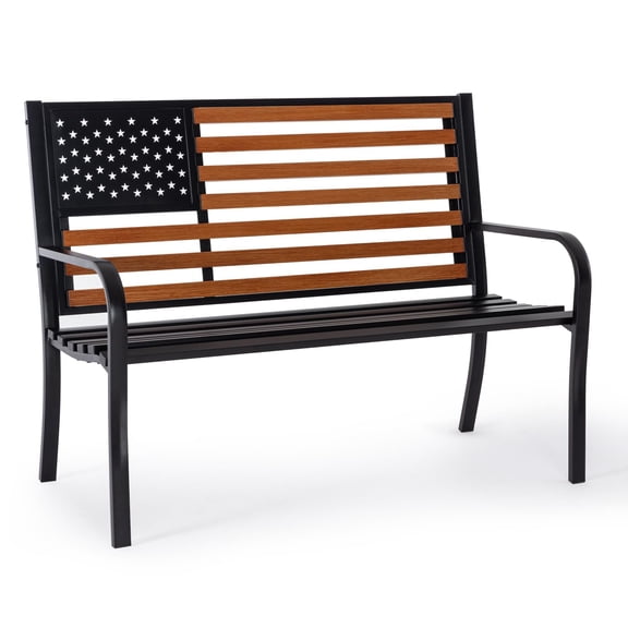 Large 50 Inch Patriotic American Flag Bench, Sturdy Metal Frame Weather Resistant Outdoor Furniture for Deck Yard Patio Park, Black