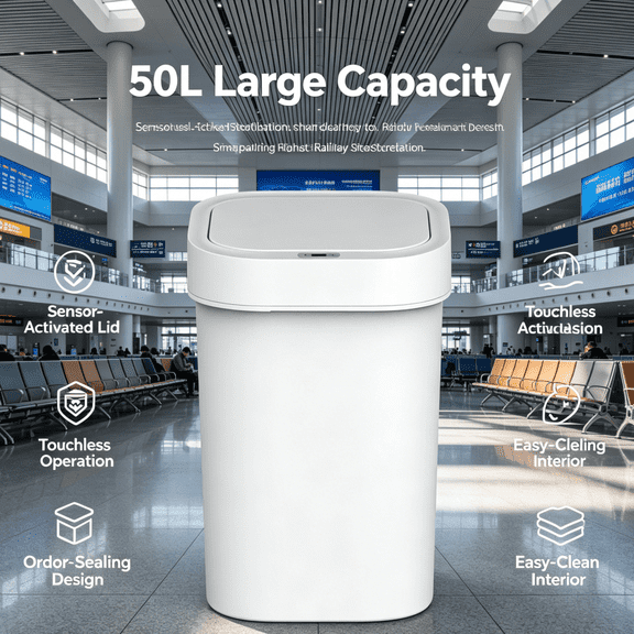 Large 50L Touch Free Sensor Waste Bin, Automatic Open Lid Plastic Trash Can, Household Garbage Container with Sealed Lid for Kitchen Living Room Hotel Commercial Use