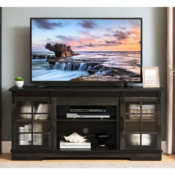 Large 59.13'' Wide TV Stand, Smooth Gliding Glass Doors / Perfect for Console and Gadget Storage