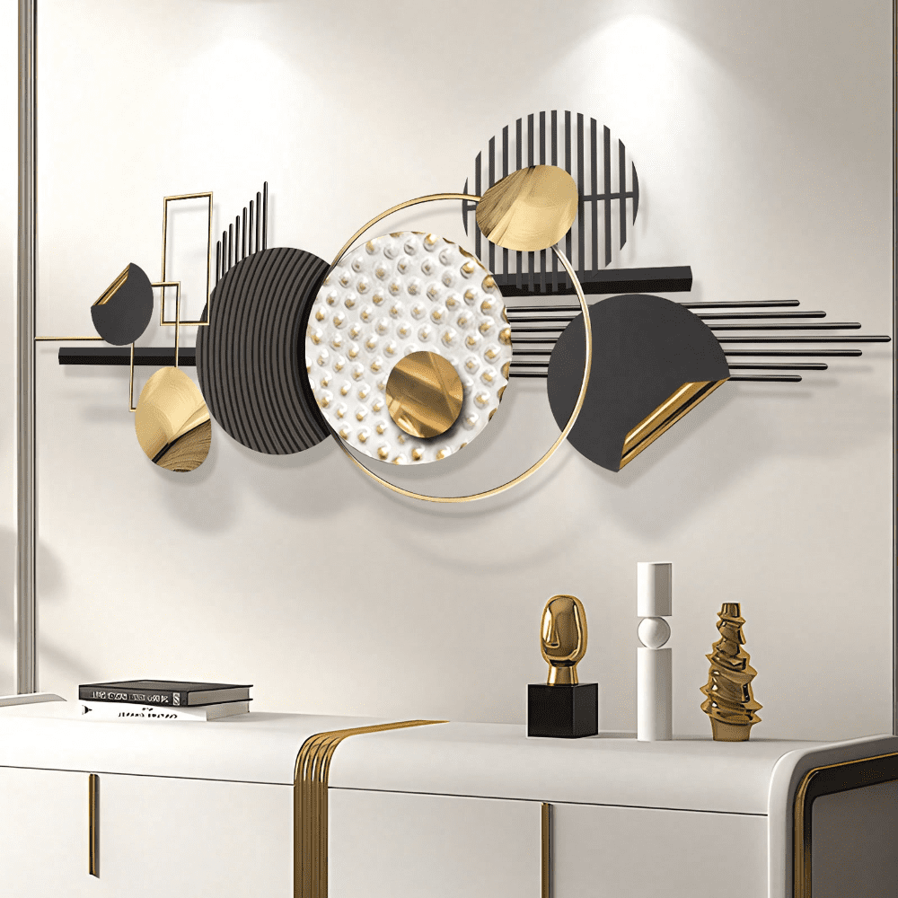 Large 59" X 24" Metal Wall Art - Abstract Geometric 3D Decor For Living Room, Modern Creative Round Sculpture For Bedroom, Dining Room - Indoor Home Hanging Wall Art, Wall Decor, Black And White