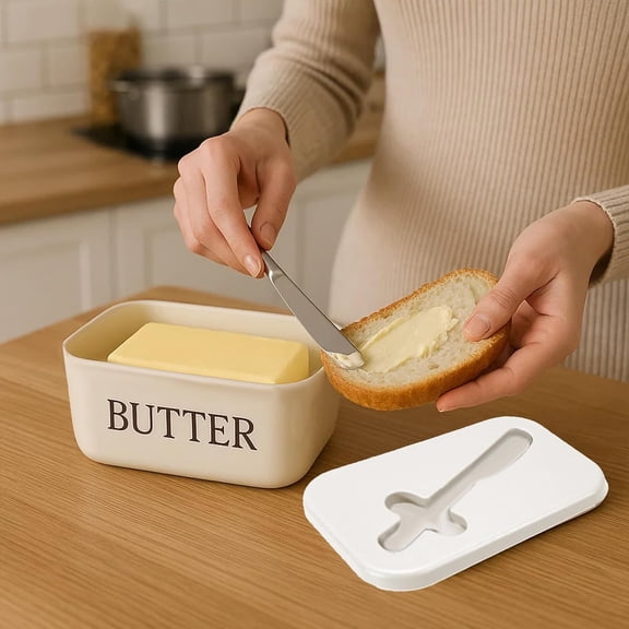 Large 6.5x3.8Inch Butter Dish with Knife -Plastic Butter Keeper, Dishwasher Safe Top Rack, Integrated Spreader & Lid for Countertop, White