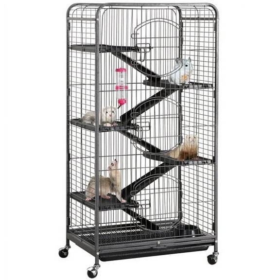 Large 6 Level Rolling Pet Cage with 3 Doors, Pet Bowl, and Water Bottle for Small Animals, Black