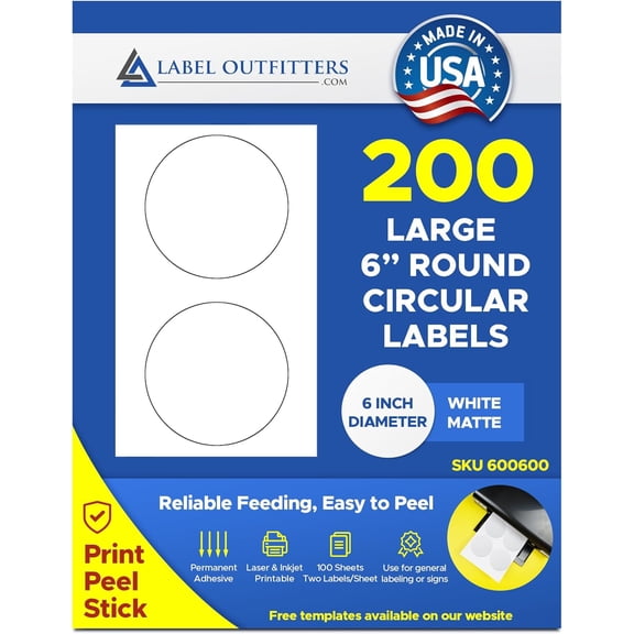 Large 6" Printable Circular Round White Laser or Inkjet Labels by Label Outfitters 6" Diameter on Legal Sheet - 100 Sheets - 200 Labels