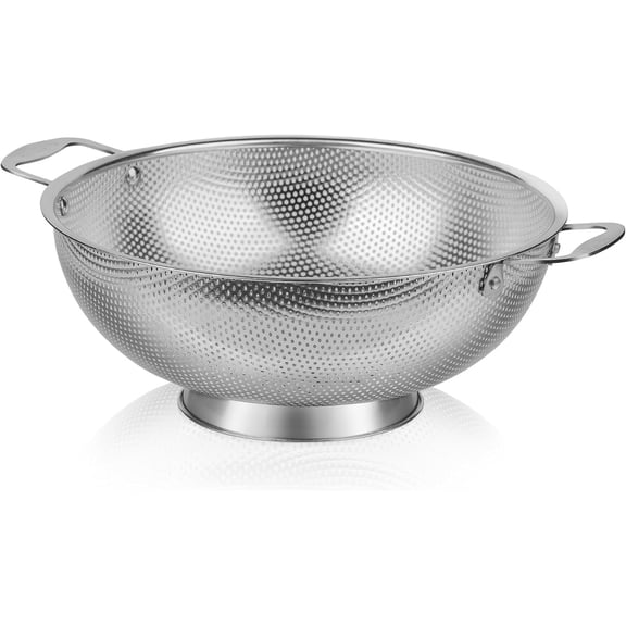 Large 6-Qt Colander, 18/8 Stainless Steel Mesh Strainer for Kitchen, Food Sieve with Riveted Handles and Self-draining Solid Ring Base, Great for Pasta, Rice, Vegetables and Fruits