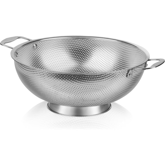 Large 6-Qt Colander, 18/8 Stainless Steel Mesh Strainer for Kitchen, Sieve with Riveted Handles and Self-draining Solid Ring Base, for Pasta, Rice, Vegetables and Fruits