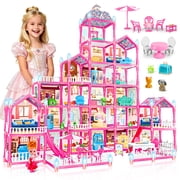 Large 6-Story DIY Dollhouse for Girls - Little Girl Dream House with Furniture, Little Dog Toy, 2 Princess Figures and Slide, Creative Construction Building Toy Gift for Birthday Christmas