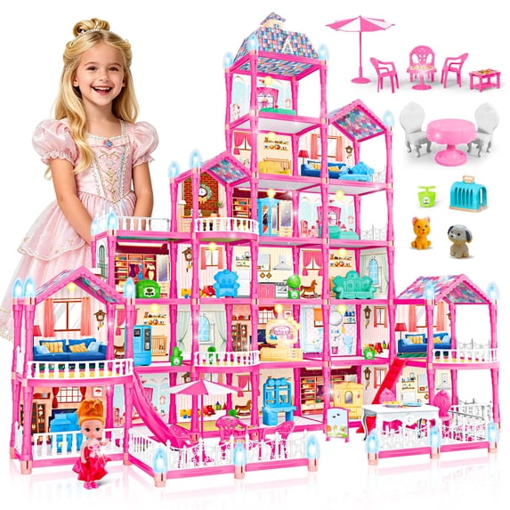 Large 6-Story DIY Dollhouse for Girls - Little Girl Dream House with Furniture, Little Dog Toy, 2 Princess Figures and Slide, Creative Construction Building Toy Gift for Birthday Christmas