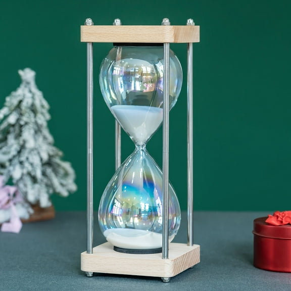 Large 60-Minute Hourglass Sand Timer,Pastel Macaron Glass & Natural Oak Wood Base, Modern Minimalist Office Home Desktop Decor(White)