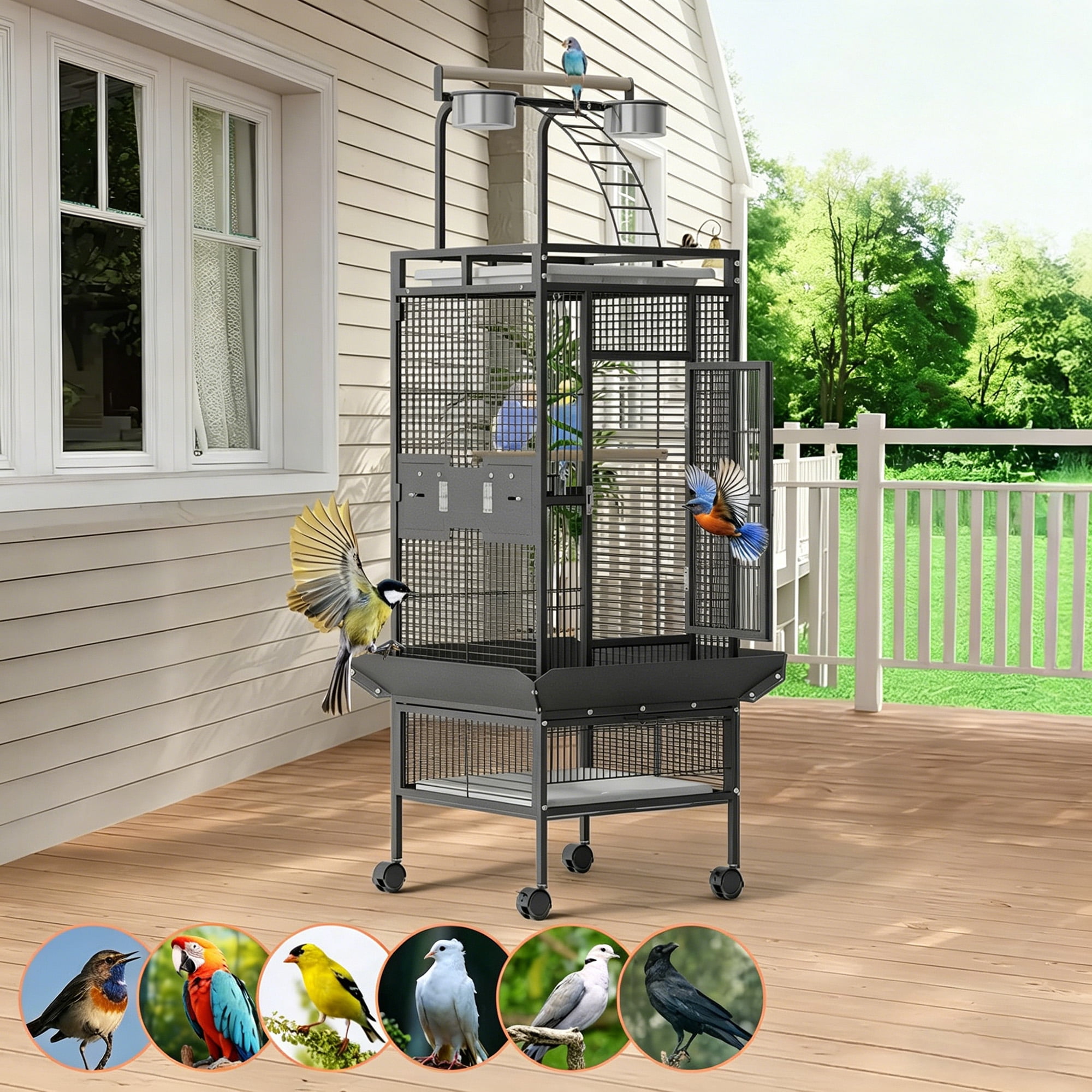 Large 60" Wrought Iron Bird Flight Cage with Rolling Stand & Play Top – Heavy Duty Parrot Cage with 4 Stainless Steel Bowls for African Grey, Cockatiel, Conure, Parakeet, Black