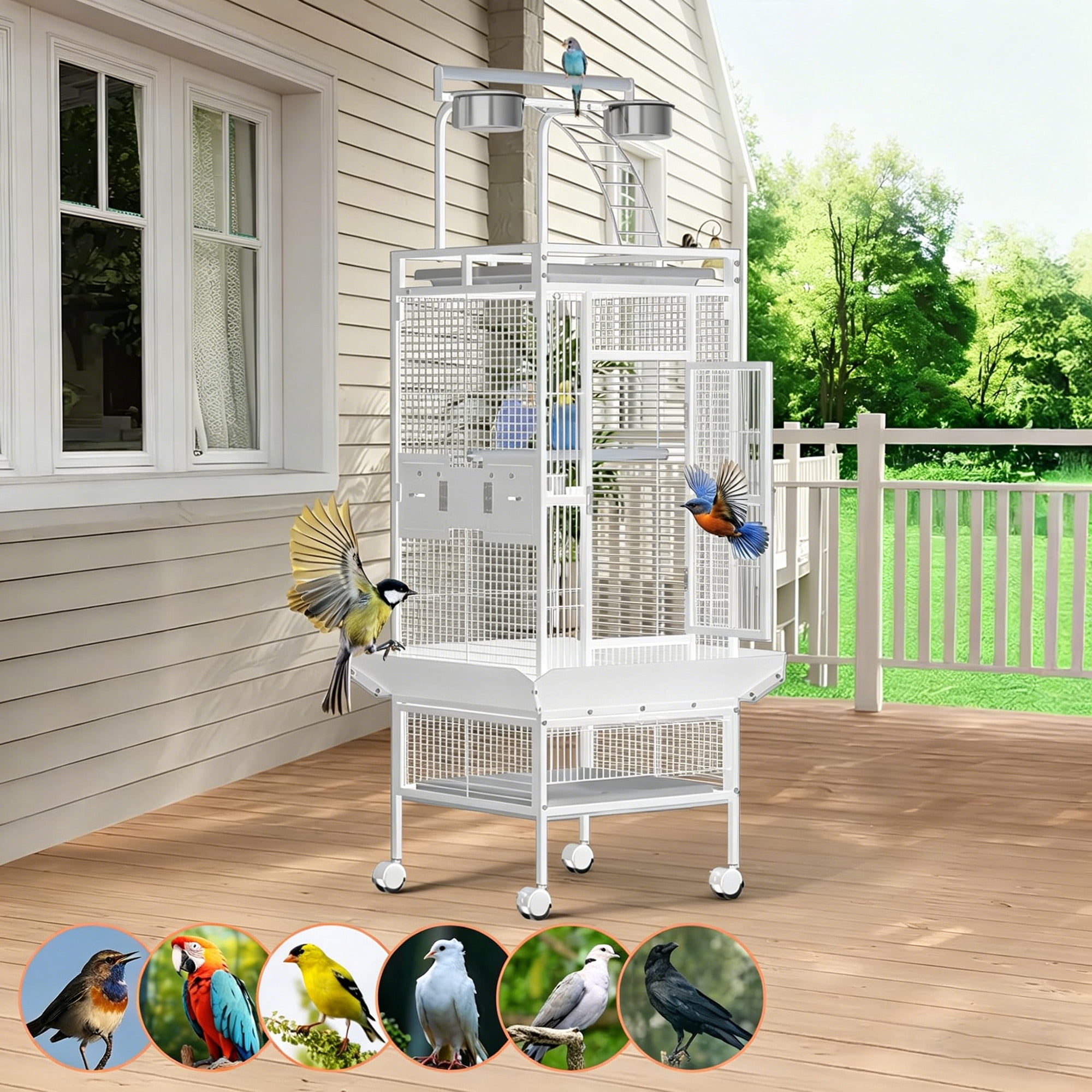 Large 60" Wrought Iron Bird Flight Cage with Rolling Stand & Play Top – Heavy Duty Parrot Cage with 4 Stainless Steel Bowls for African Grey, Cockatiel, Conure, Parakeet, White