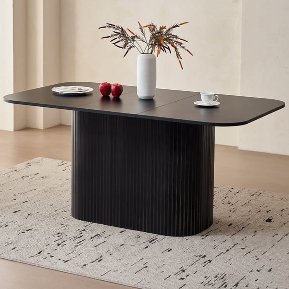 Large 63" Large Dining Table for 4 6, [Rounded Corners] [Grooved Pedestal Base] Modern Rectangle Kitchen Dinner Dining Living Room Table Black