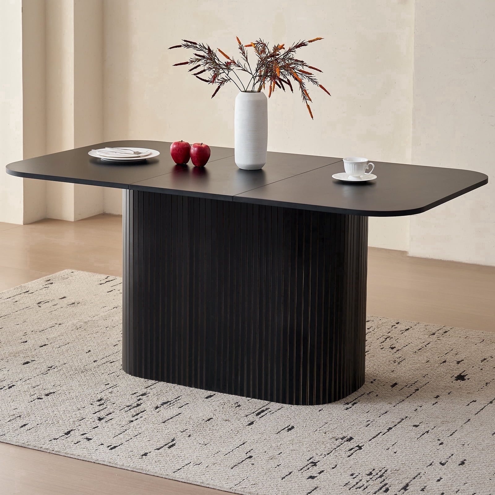 Large 63" Large Dining Table for 4 6, [Rounded Corners] [Grooved Pedestal Base] Modern Rectangle Kitchen Dinner Dining Living Room Table Black