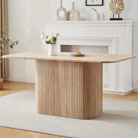 63" Large Dining Table for 4-6 People, Modern Rectangular Kitchen Table with Rounded Corners & Grooved Pedestal Base, for Dining Living Room