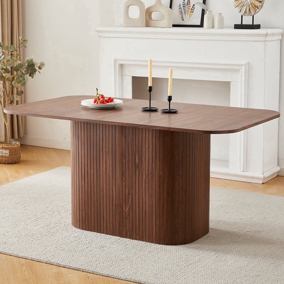63" Large Dining Table for 4-6 People, Modern Rectangular Kitchen Table with Rounded Corners & Grooved Pedestal Base, for Dining Living Room
