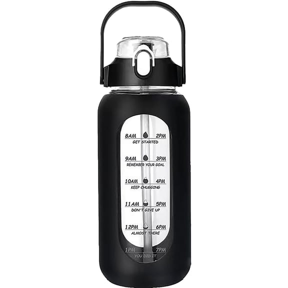 Large 64 Oz Glass Mug With Time Marker And Protective Silicone Cover For Tracking Daily Water Intake Perfect Gift For Hydration Enthusiast (Black)