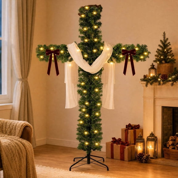 Large 6ft Cross Cross Christmas Tree,2026 New Foldable Cross Christmas Tree,Jesus Christian Cross Ornaments,with LED Lights and White Silk,for Christmas Easter Indoor Outdoor Home Decor (6ft)