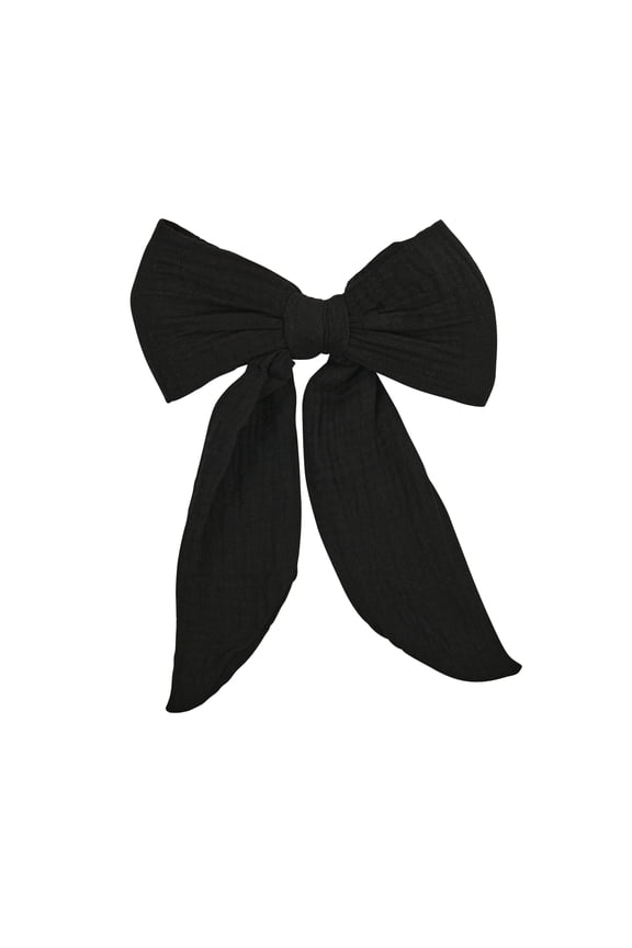 Large 7 Inch Muslin Hair Bow with Tails, Black