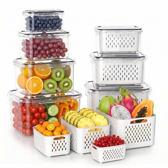7 PCS Fruit Storage Containers for Fridge,Leakproof Produce Containers for Fridge with Removable Colander,All-in-One Fruit Container Strainers for Berries,Fruits,Vegetables