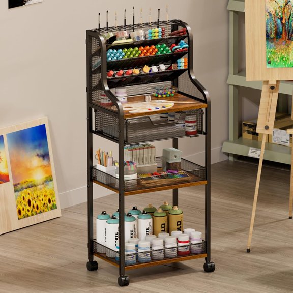 Large 7-Tier Rolling Utility Cart with Drawer, 40in Tall Metal Craft & Art Storage Organizer with Lockable Wheels, Storage for Art Studio, Drawing Room, Paints & Supplies