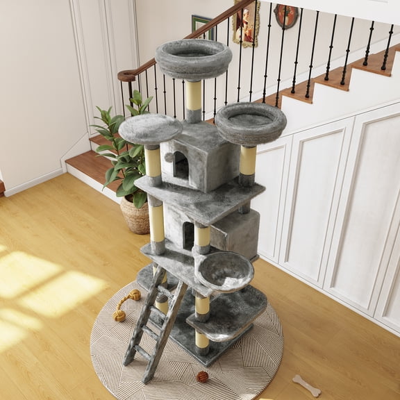 Large 70.87in Cat Tree W/2 Private Condos,3 Perches&Hanging Hammock,Skin-Friendly Short Plush&No Sharp Edges,Natural Sisal Scratching Areas,Kittens to Senior Cats