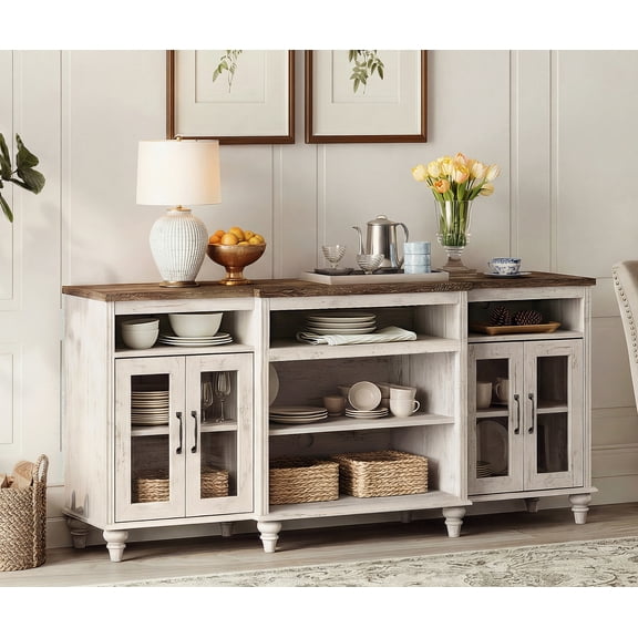 Large 70" Rustic White Buffet Sideboard Cabinet, 4 Clear Glass Doors Farmhouse Kitchen Storage Coffee Bar Credenza