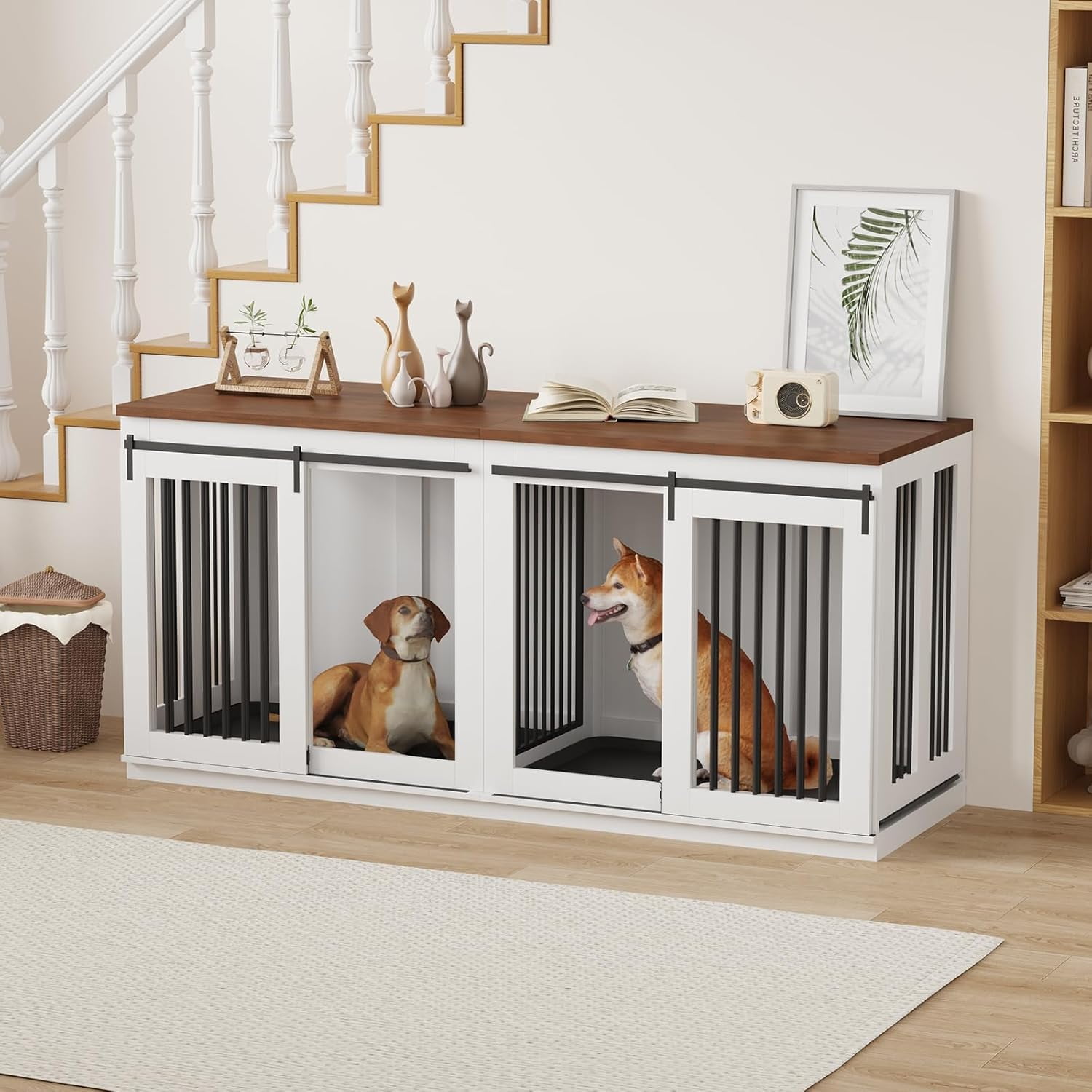 Large 71" Wooden Dog Crate Furniture with Sliding Doors, Removable Divider & Durable Iron Frame – Multi-Functional Indoor Dog Kennel and Decorative TV Stand for Large Dogs, White+Dark Walnut