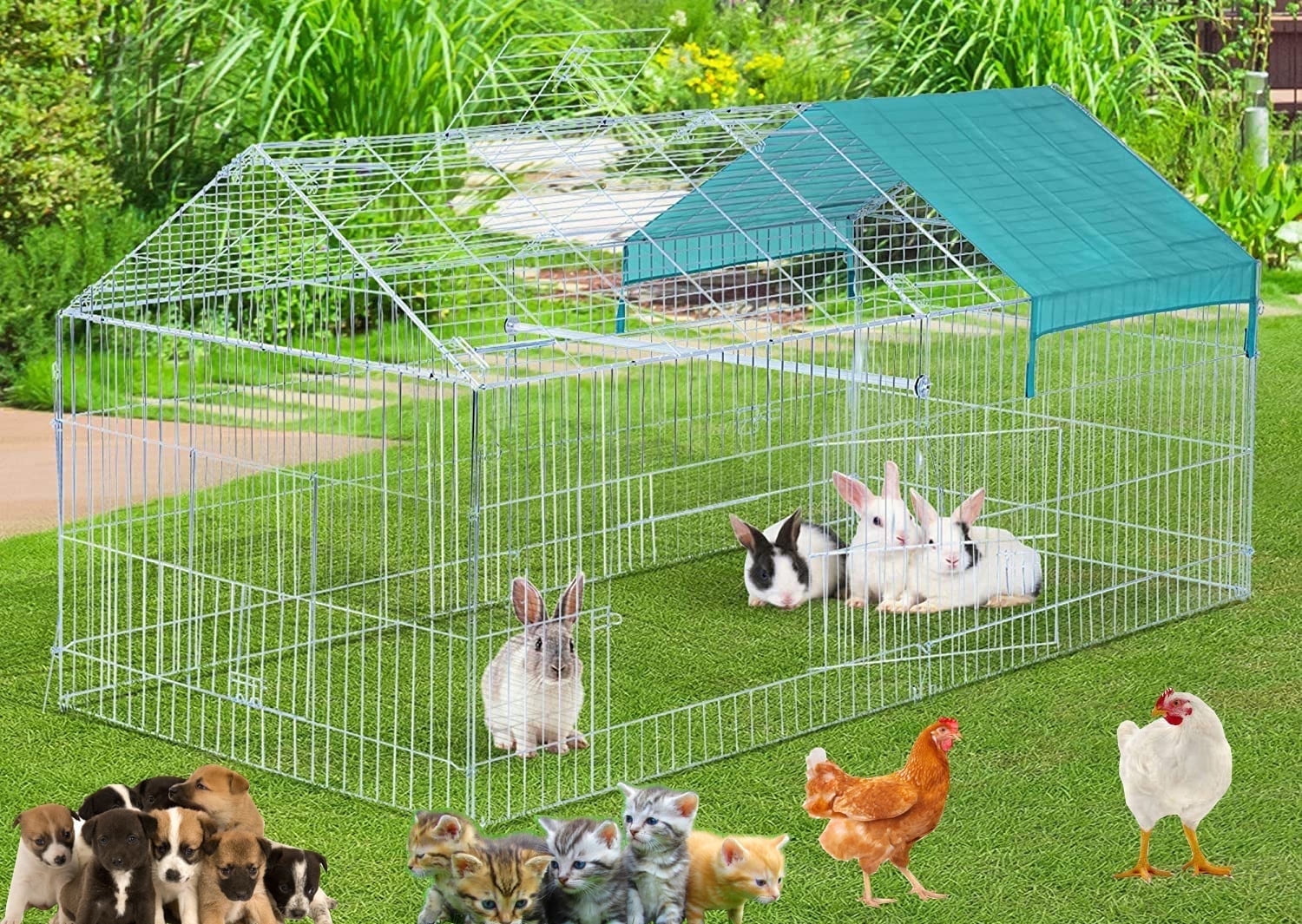 Mcage Large NO RUST Outdoor Stainless Galvanized Metal Outdoor Playpen Cage for Rabbit & Chicken with 4 Ground Stakes