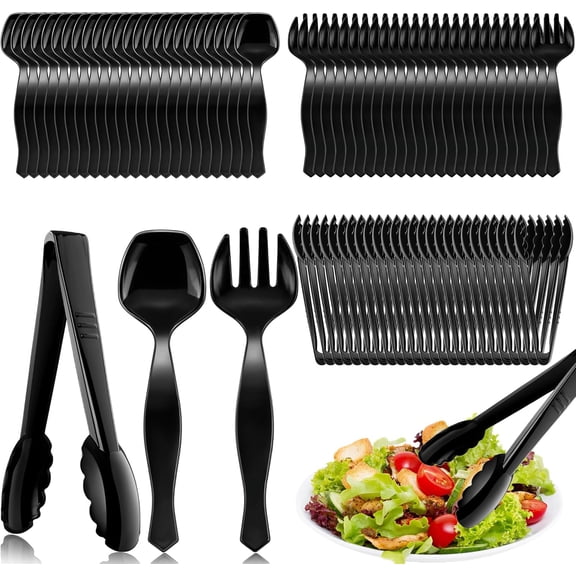 Large 72 Pcs Plastic Serving Utensils Set in Black for Parties and Events