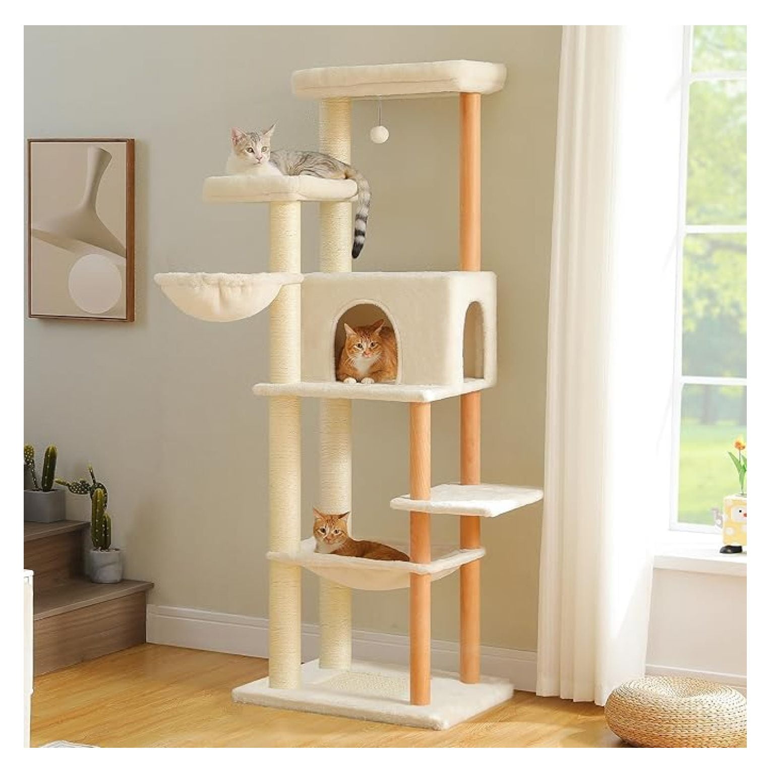 Large , 73 Inches Tall Wooden Cat Tower with 2 Spacious Hammocks,2 Big Top Beds,8 Fully Scratching Posts Natural Wood Posts, Multi for Indoor Cats Large Adult-XL