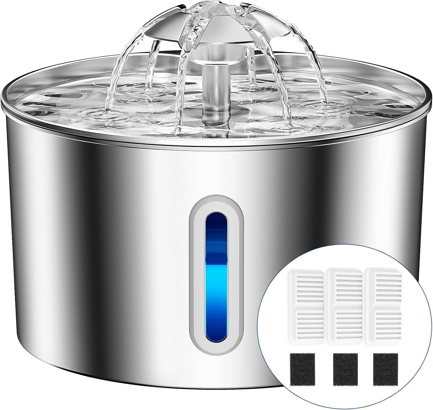 Cat Water Fountain Stainless Steel - 74oz/2.2L Automatic Large Pet Watering Bowl Dispenser for Indoor Cats - Drinking Fountains with 6 Filter, Gifts for Dogs and Kitty - Dog Waterer Bowls No Spill
