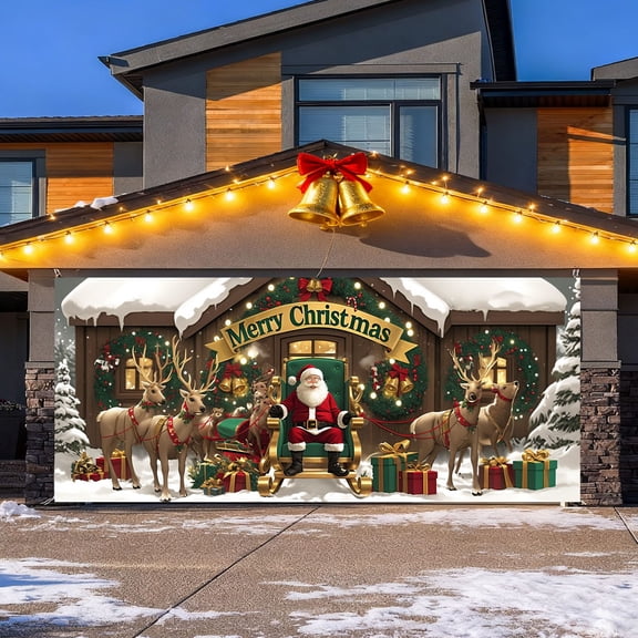 Large 7x16 Ft Merry Christmas Background for Holiday Parties Santa Photography and Festive Garage Door Display