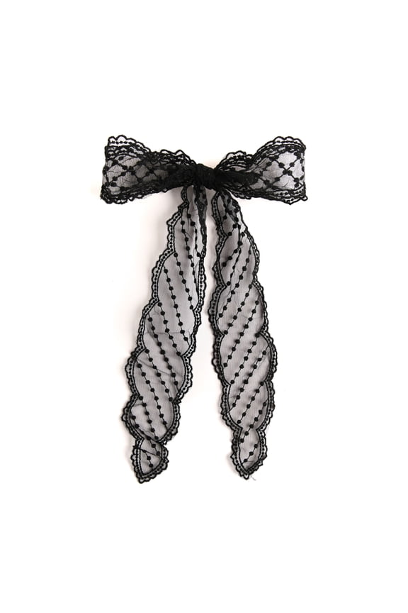 Large 8.5 Inch Lace Hair Bow with Tails (Black)