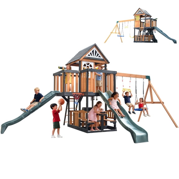 Large 9 IN 1 Wooden Swing Sets with Playhouse,Double Wave Slides,Belt Swings,Play Kitchen,Basketball Hoop,Climbing Ladder,Chalkboard,Tic-Tac-Toe,Toy Telescope,Steering Wheel Backyard Playground