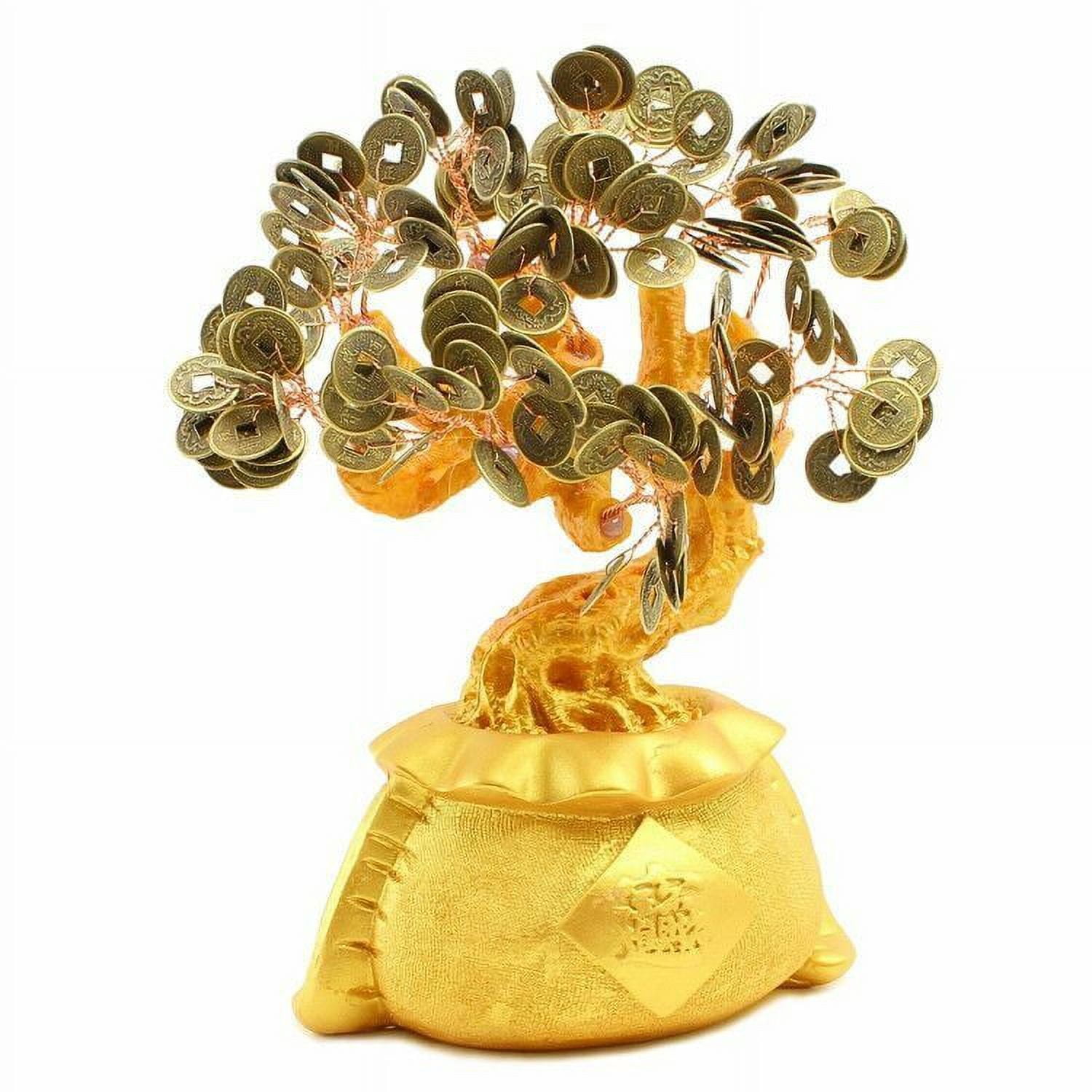 Large 9" Feng Shui Gold Money Tree Gold Coin Fortune Bag Pot Prospero Gathering KT00171