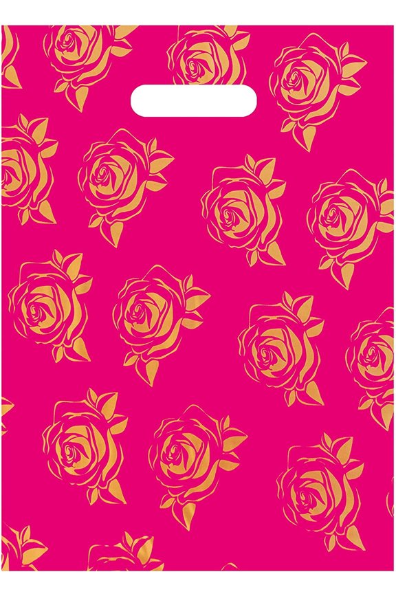 Large 9"x12"(100pcs) Golden Roses Printed on Pink Thank You Merchandise Bags, Die Cut Handles, Retail Shopping Bags for Boutique, Goodie Bags, Gift Bags Bulk