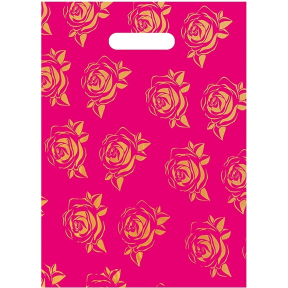 Large 9"x12"(100pcs) Golden Roses Printed on Pink Thank You Merchandise Bags, Die Cut Handles, Retail Shopping Bags for Boutique, Goodie Bags, Gift Bags Bulk