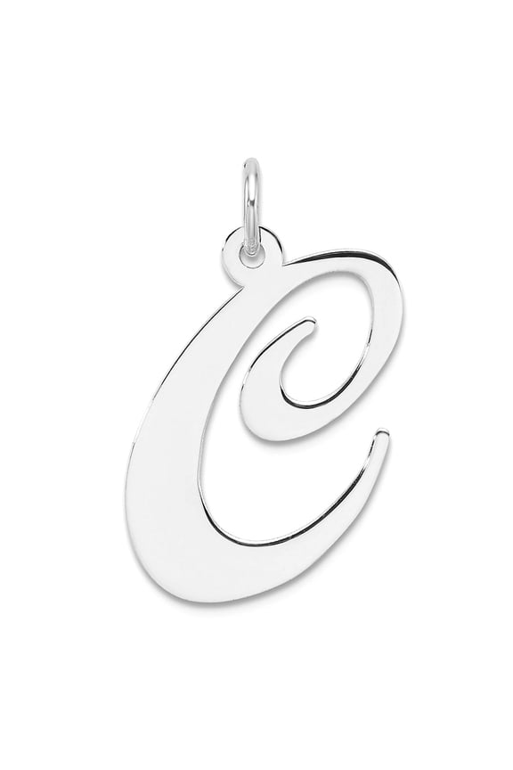 Large 925 Sterling Silver Rhodium Plated Fancy Script Letter C Initial Charm 26.66x13.54mm Wide 0.43mm Thick Pendant Nec