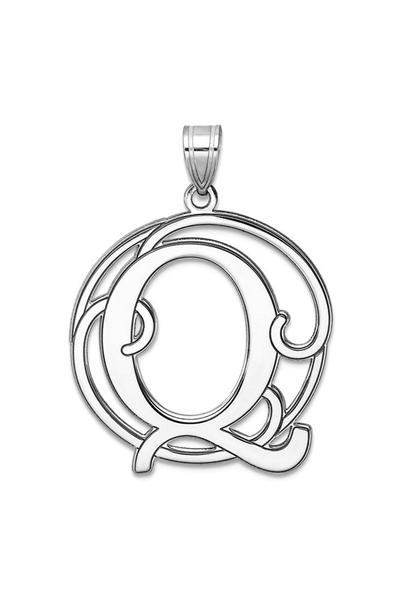Large 925 Sterling Silver Rhodium Plated Fancy Script Letter Q Initial Pendant Necklace 34.61x25.55mm Wide 0.68mm Thick