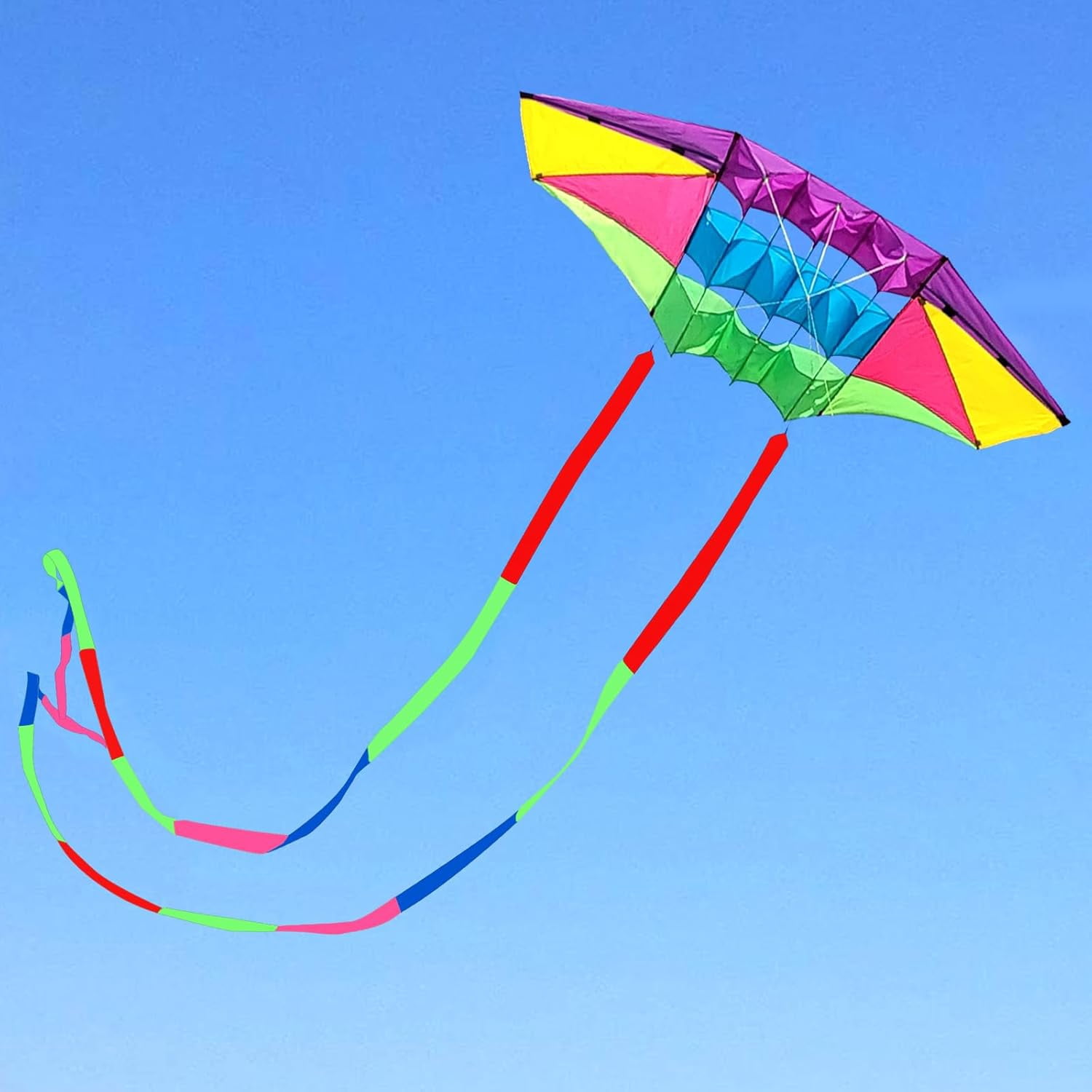 Large 98-Inch 3D Rainbow Box Kite for Adults, Super Easy Flyer with Two 49-Ft Multi-Color Tails, 300-Ft String and Handle