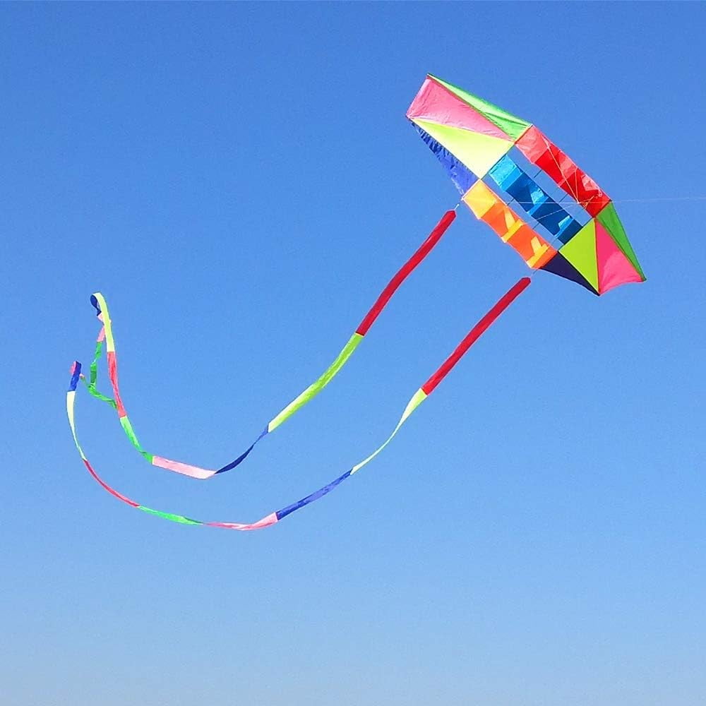 Large 98-Inch 3D Rainbow Box Kite for Adults, Super Easy Flyer with Two 49-Ft Multi-Color Tails, 300-Ft String and Handle