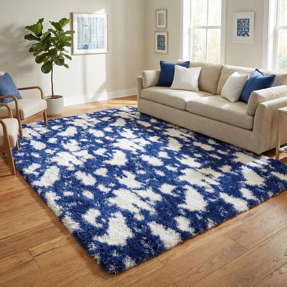 Large 9x12 Plush Shag Area Rug, Soft High Pile Abstract Carpet for Living Room, Bedroom, Dorm,Blue tint