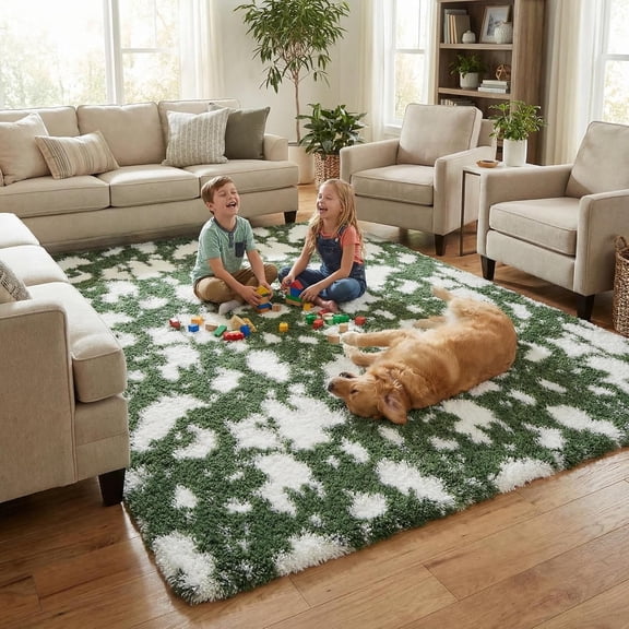 Large 9x12 Plush Shag Area Rug, Soft High Pile Abstract Carpet for Living Room, Bedroom, Dorm,Dark green tone