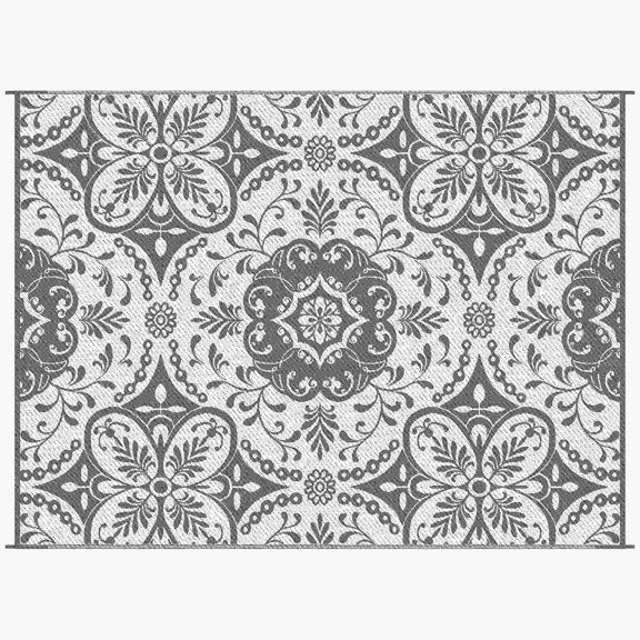 Large 9x12 Reversible Outdoor Rug for Patio, Waterproof Plastic Straw Camping Mat with Carry Bag, Gray White Floral Boho Carpet for Backyard Deck Picnic Beach RV