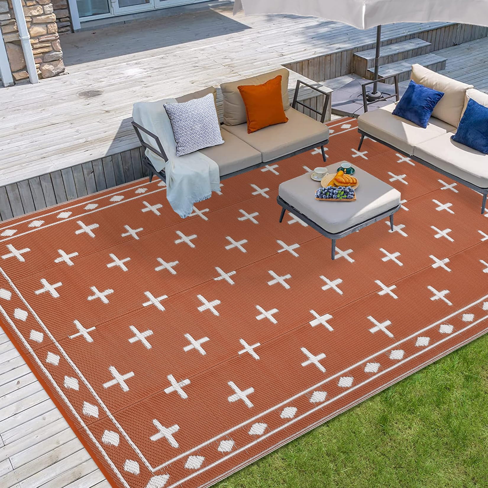 Large 9x18 Outdoor Area Rug, Waterproof Plastic Straw Mat with Framed ...