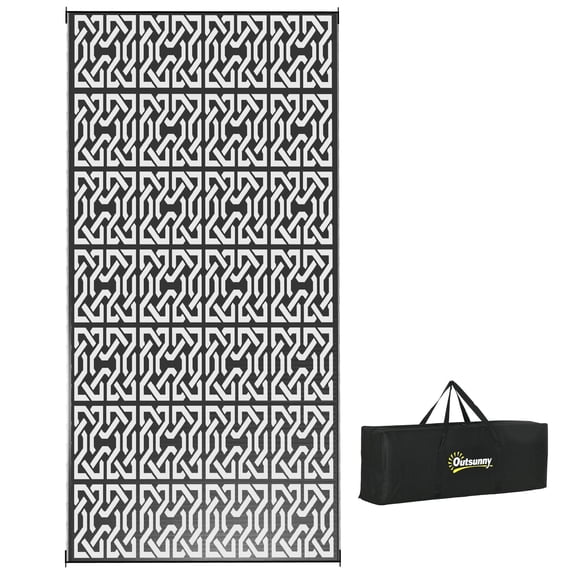Large 9x18 Reversible Outdoor Rug for Camping, Waterproof Plastic Straw Floor Mat with Carry Bag, Portable RV Carpet for Backyard Deck Picnic Beach, Black & White Chain