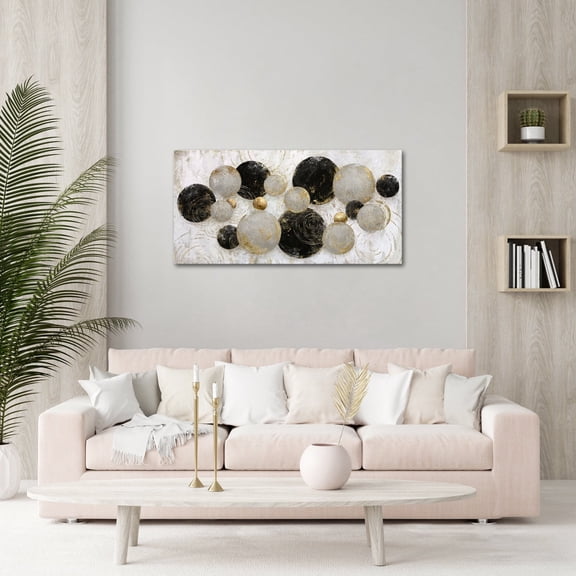 Visual Art Decor Large Abstract Canvas Wall Art Geometric Circles Black and Gold 20 in x 40 in Framed Painting