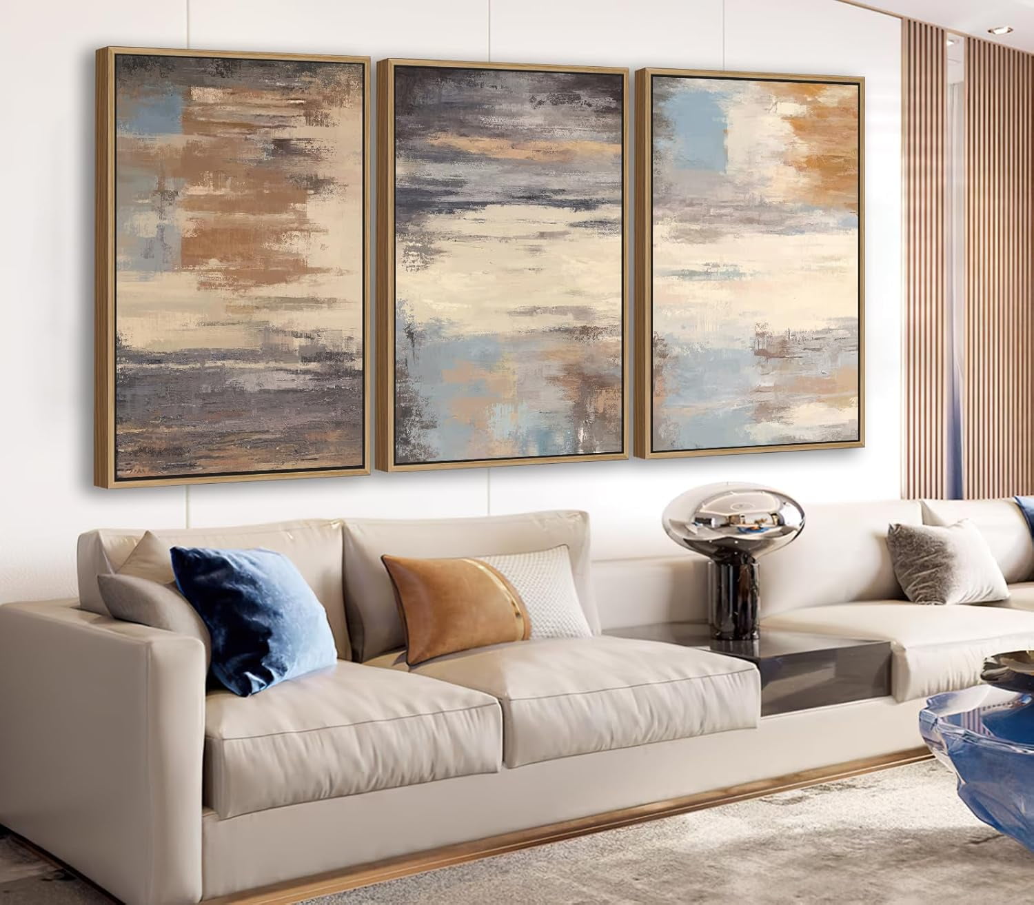 Large Abstract Framed Wall Art - Canvas Wall Art Pictures Prints for Living Room Decor Natural Float Framed Artwork for Bedroom Kitchen Home Office Decoration 60" X 28" Set of 3 Blue Grey
