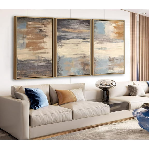 Large Abstract Framed Wall Art - Canvas Wall Art Pictures Prints for Living Room Decor Natural Float Framed Artwork for Bedroom Kitchen Home Office Decoration 60" X 28" Set of 3 Blue Grey
