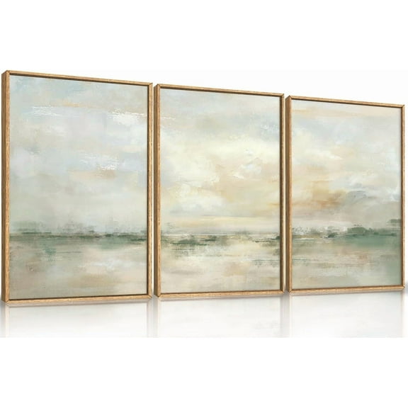 Large Abstract Green Gray Pastel Framed Canvas Wall Art,Neutral Landscape Wall Decor,Modern Watercolor Lake Artwork,Beige Textured Illustrations Art for Living Room,Bedroom,Office- 16"x24"x3