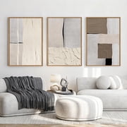 HPNIUB Large Abstract Neutral Framed Canvas Wall Art Mid Century Beige Brown Gray Textured Painting Set of 3 for Living Room Bedroom Office 24x36 Inch